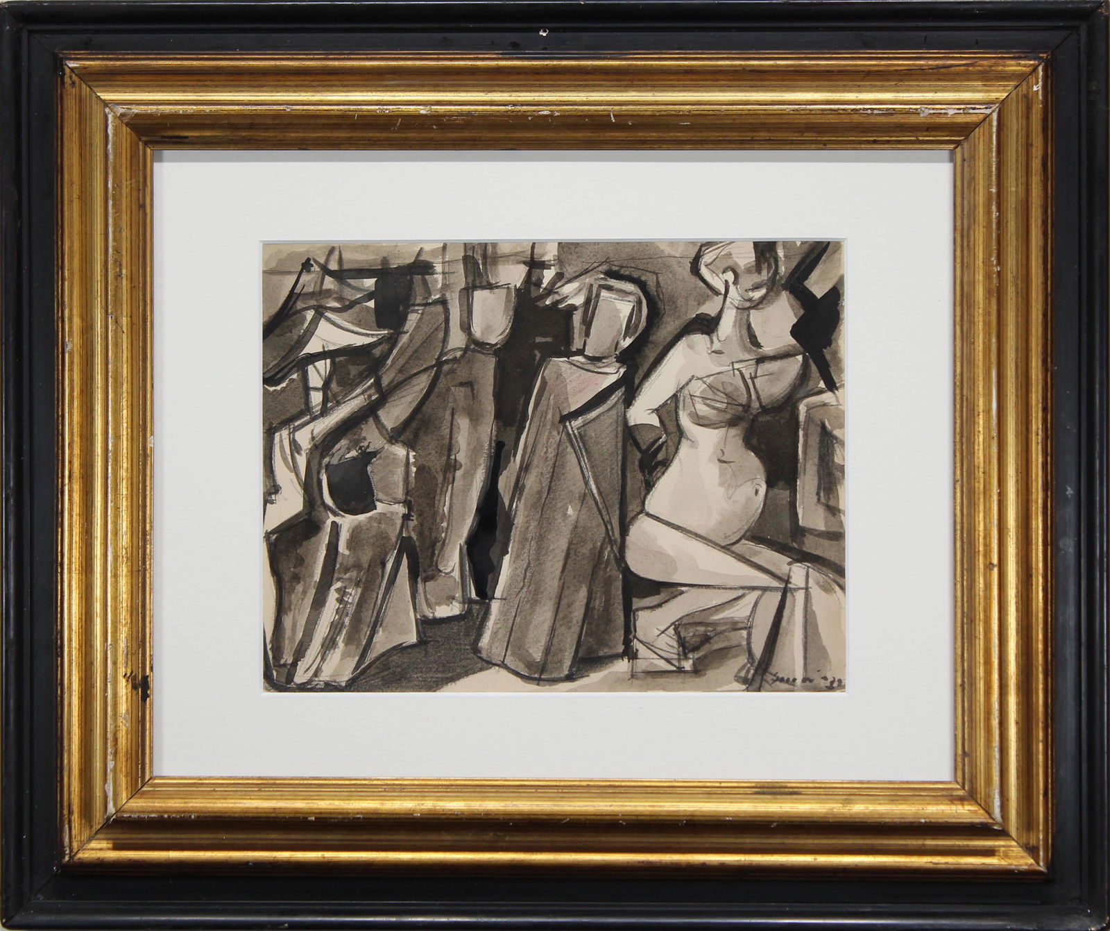 Signed, European School Mixed Media Abstract: Signed, '62 European School Mixed Media Figural Abstract Painting. Indistinctly signed, dated lower right. Provenance: Private Florida collection. Sight Size: 7.75 x 10 in. Overall Size: 16 x 19 in. F