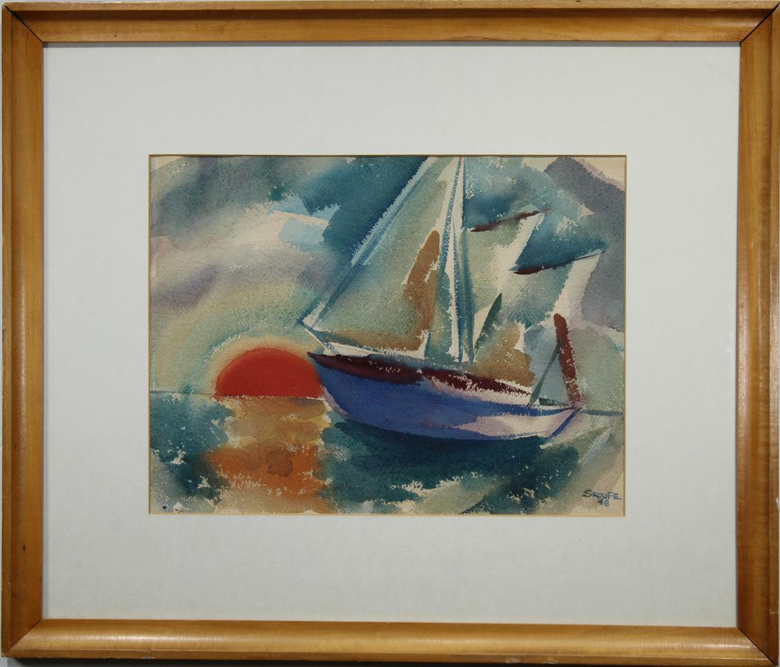 Sroufe, 1948 Watercolor of a Sailboat at Sunset: Sroufe, 1948 Watercolor of a Sailboat at Sunset. Signed and dated lower right. Original label verso. Image size: 12 x 16 in. Overall Size: 22 x 26 in. Framed behind glass.