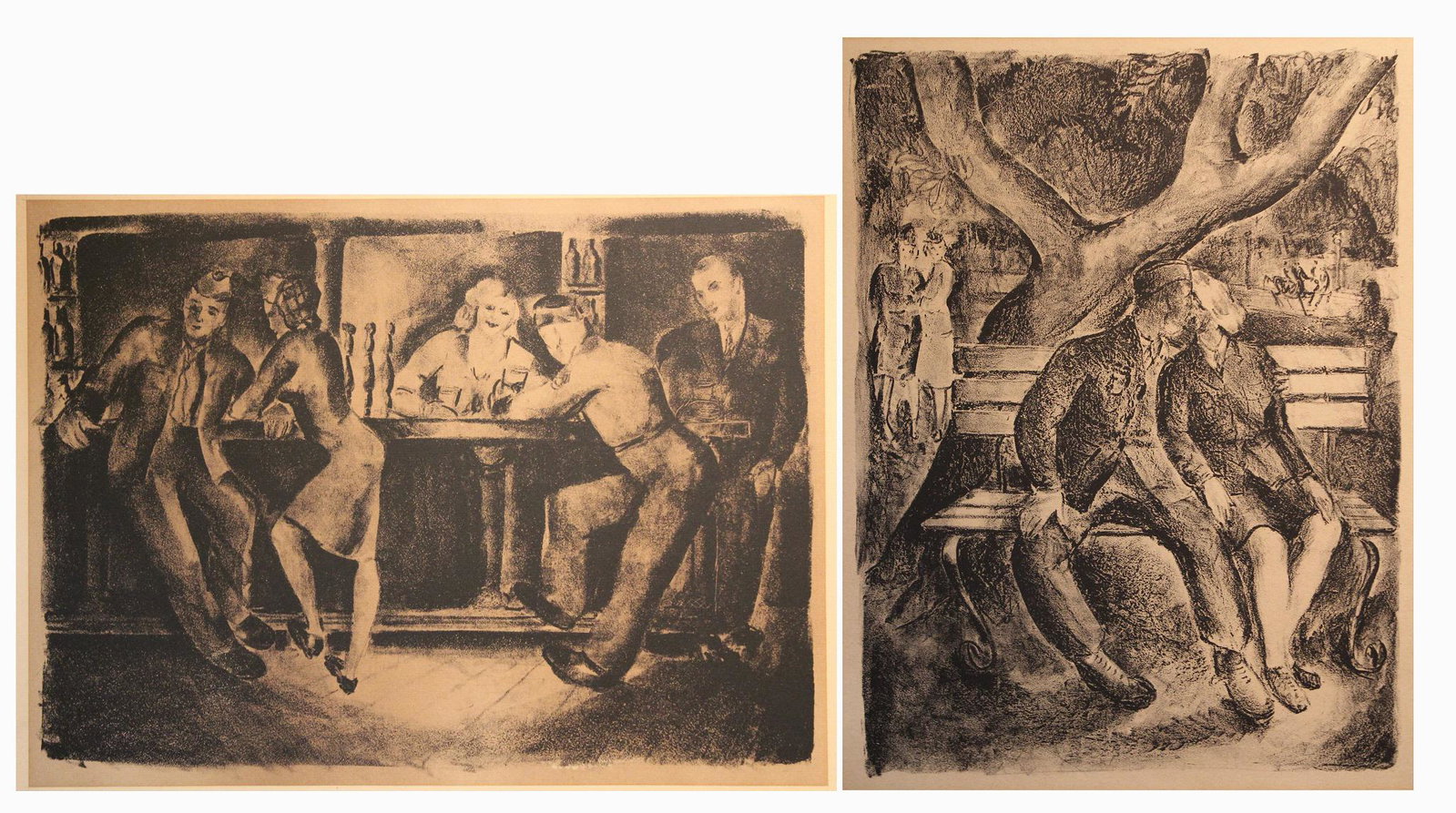 (2) WPA Style Lithographs: (2) WPA Style Lithographs. Appear to be unsigned. Unframed. Faint inscription lower right in matting. Image sizes (L-R): 12.5 x 17 / 15.5 x 12.25 in. Sheet Size (L-R): 17 x 21 / 20 x 16.25 in. Unframe
