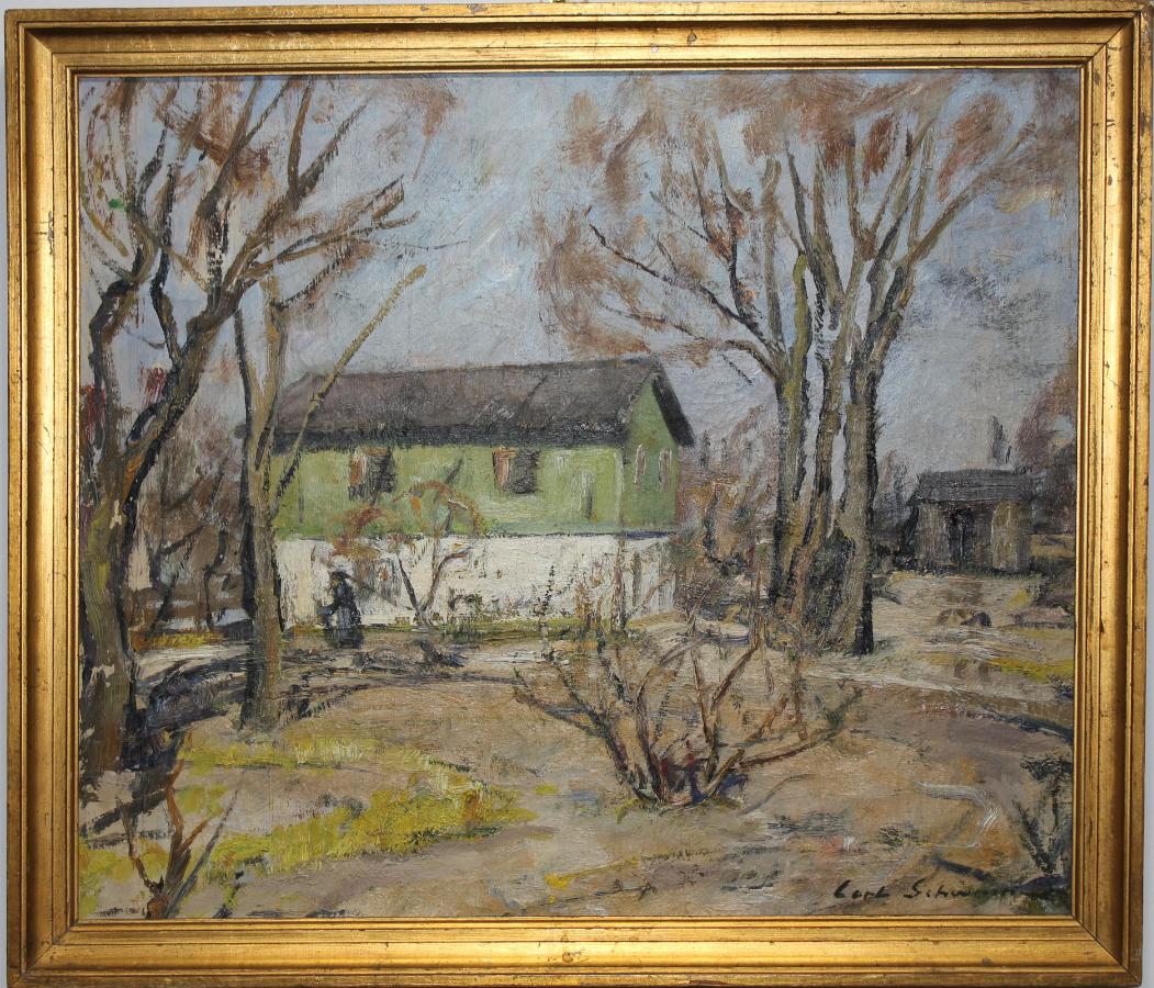 Carl Joseph Schwenn (Denmark, 1888 - 1973): Carl Joseph Schwenn (Denmark,1888 - 1973) Painting of a farm near trees. Signed lower right. Oil on canvas. Sight size: 22 x 26 in. Overall Size: 25.25 x 29.25 in.