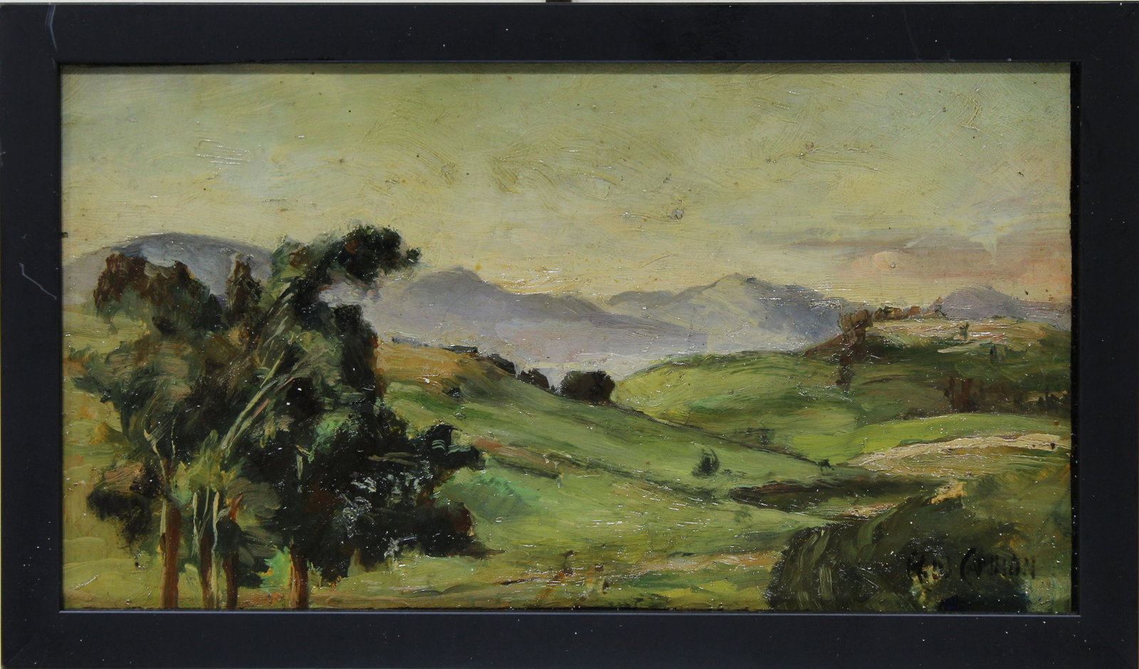 Henry Cannon (1862 - 1939) California Landscape: Henry Cannon (California, England, 1862 - 1939) California Landscape Painting depicting a tree in a lush green field with mountains in the background. Signed lower right. Oil on board. Cannon lived in