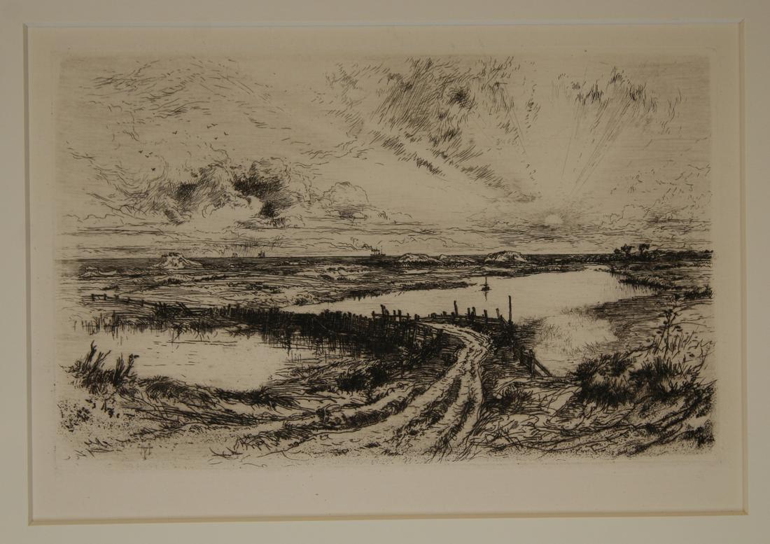 Thomas Moran "The Pond" Etching: Thomas Moran (American, 1837-1926). "Morning: Hook Pond and Old Bridge" - 1883 (alternatively titled "The Pond, Easthampton, L.I.") Etching. Documentation attached verso. Monogrammed in plate lower le
