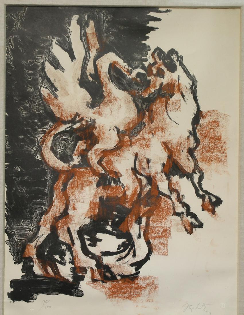 Jacques Lipchitz (1891 - 1973) Aquatint/Gouache: Jacques Lipchitz (French, 1891 - 1973) Aquatint/Gouache. Pencil signed lower right. Numbered (75/100) lower left. Inscribed verso "overworked by me Lipschitz". This was the cover image of Artist's Ret