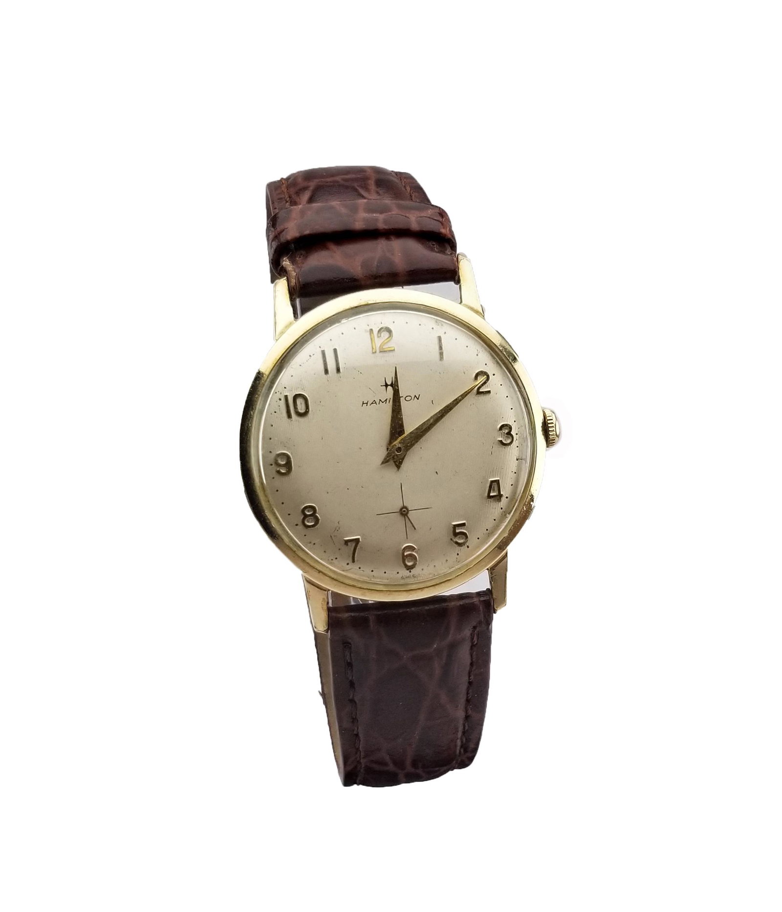 Vintage Hamilton Watch: Vintage Hamilton Watch with Leather Band. Stainless Steel with 10k Bezel. - All watches are sold for display purposes only. We cannot guarantee working order after item leaves premises.