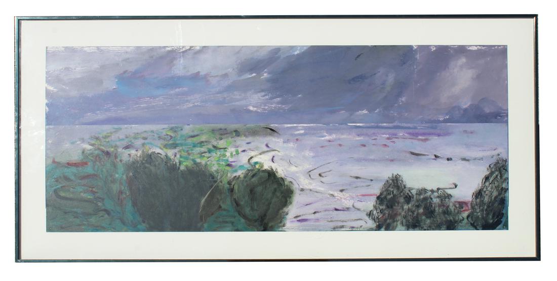 Farideh Golbahar (b. 1942) "Dusk": Farideh Golbahar (b. 1942) "Dusk". Signed lower right. Oil & Lacquer Painting. Gallery label verso. Sight Size: 15.75 x 39.25 in. Overall Size: 21 x 44.5 in. Framed behind glass.