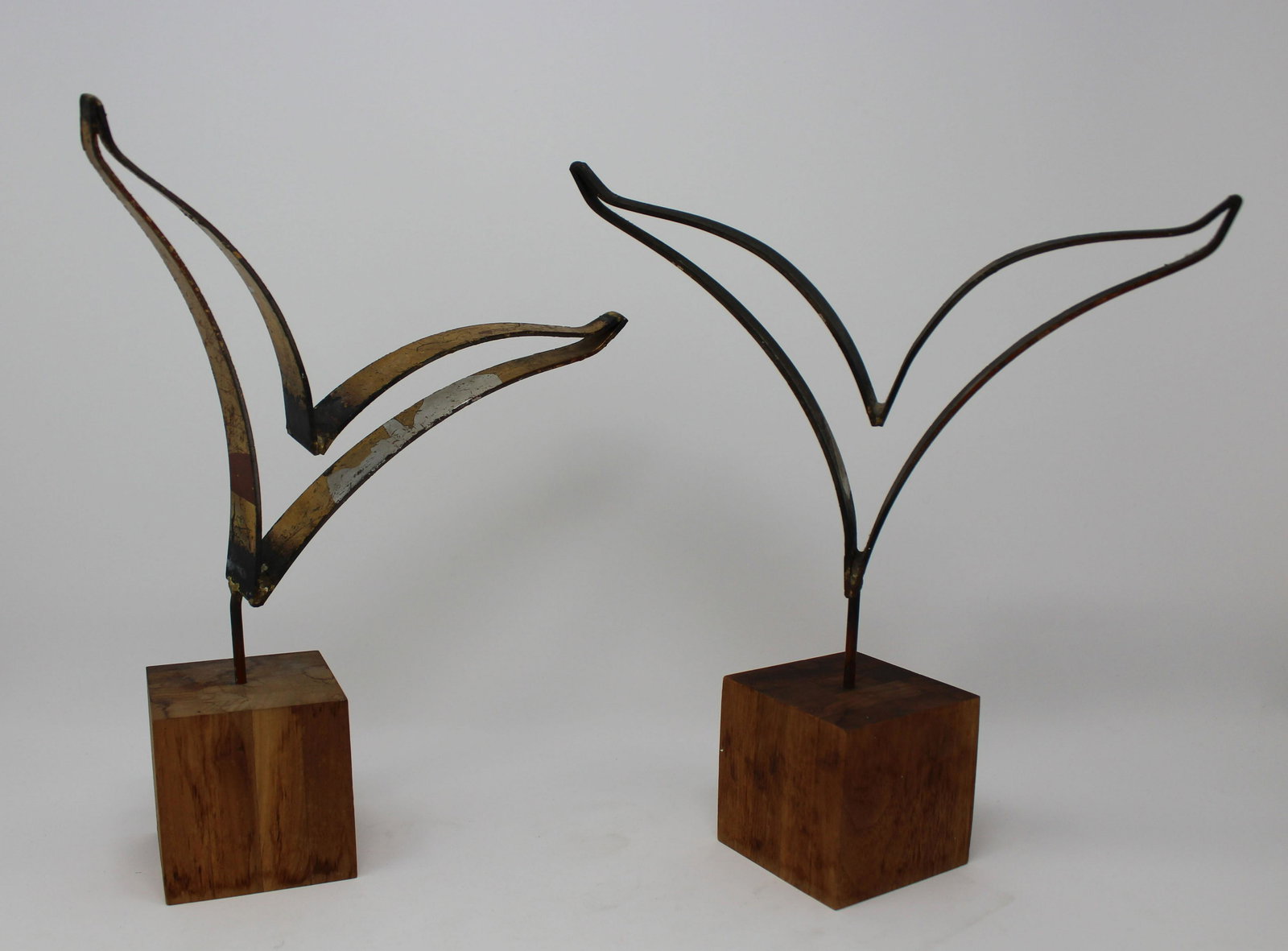 William Bowie (New York, Ohio, 1926 - 1994): (2) William Bowie (New York, Ohio, 1926 - 1994) Mid Century Modern Gilt Metal Sculptures on Wooden Base. Total Height: 12.5 in.