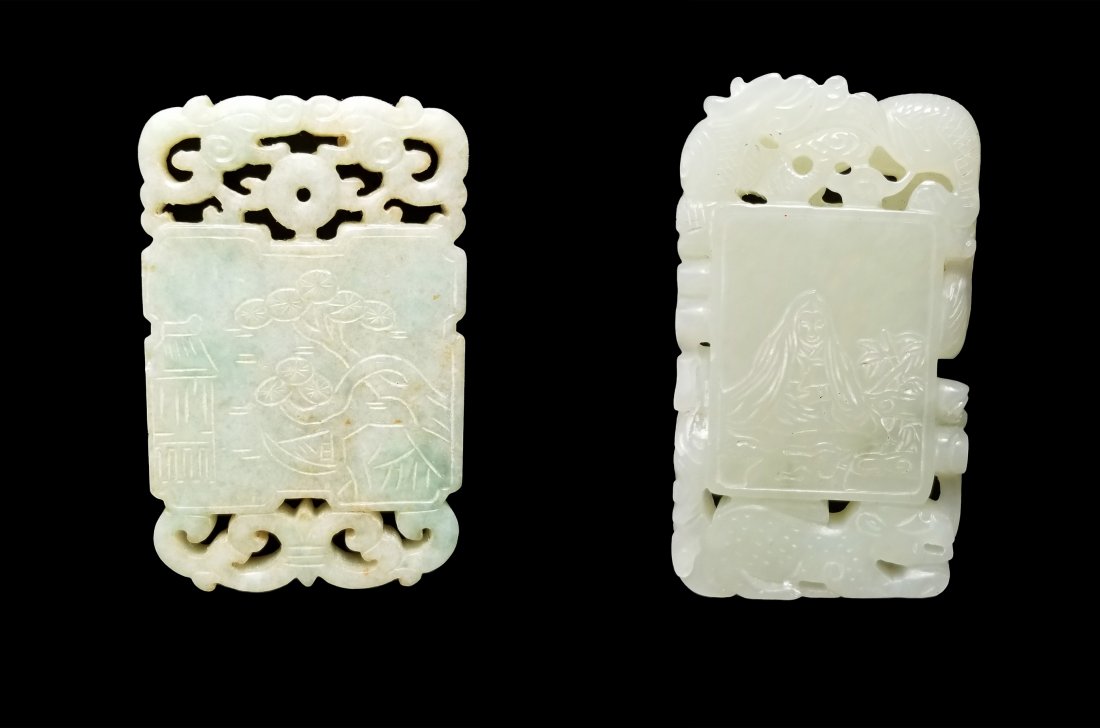 (2) Carved Chinese Jade Pendants, Signed: (2) Carved Chinese Jade Pendants, Signed. Each having mark on backside or calligraphy marks.
