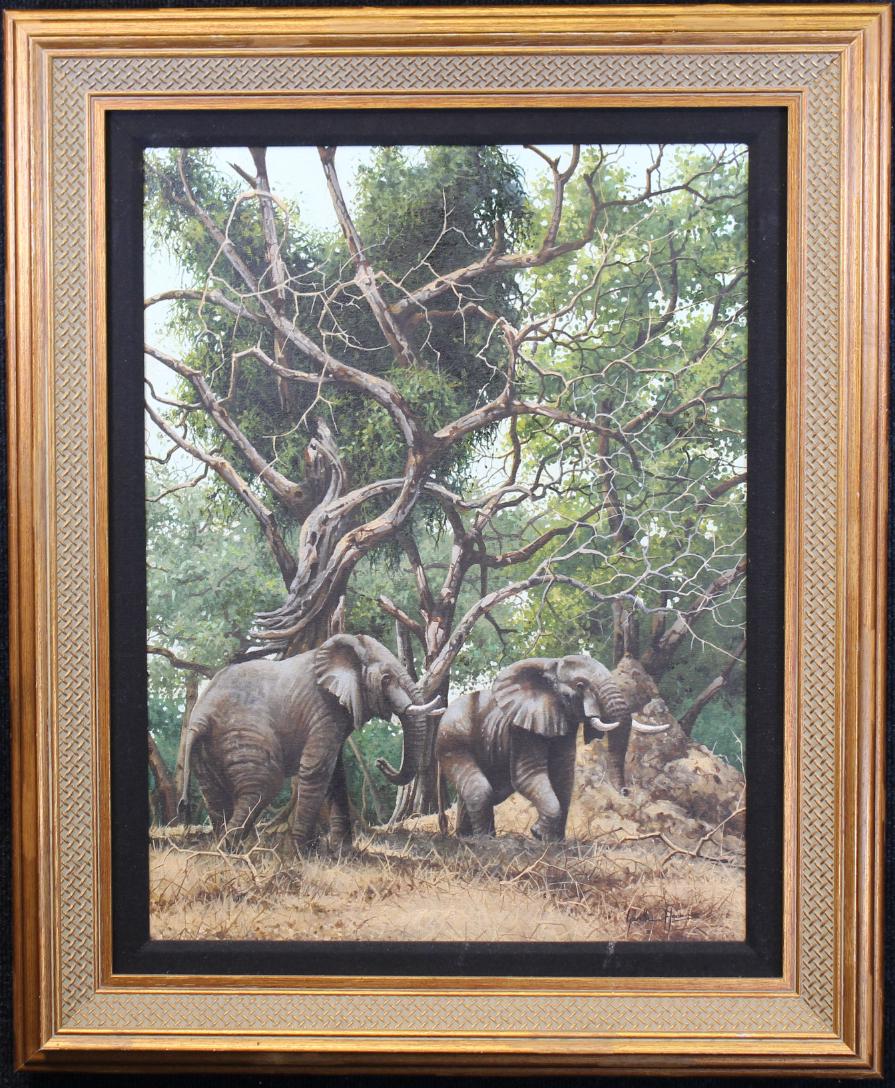 Garreth Hook, Painting of Elephants Under Trees: Garreth Hook, Painting of Elephants Under Trees. Oil on canvas. Signed lower right. Image Size: 23.25 x 17.5 in. Overall Size: 31 x 25.75 in.