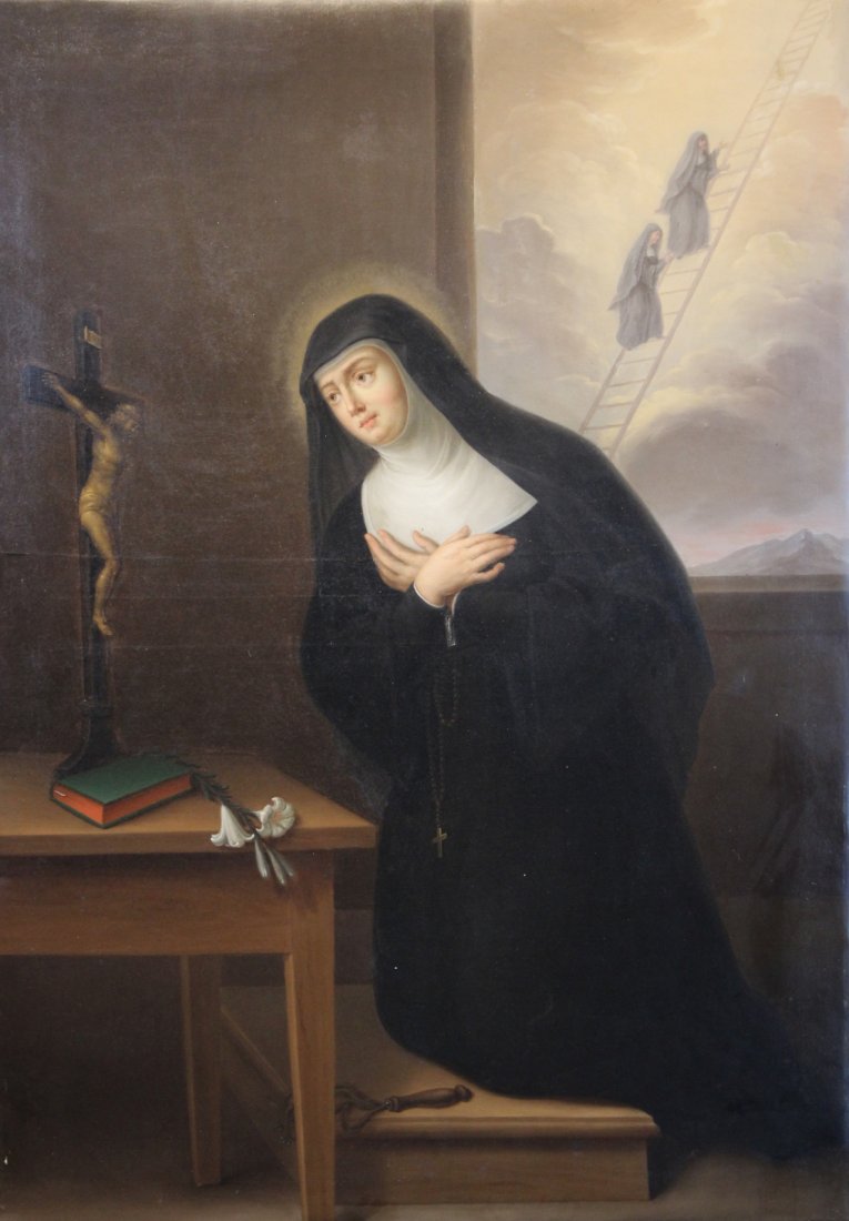 Old Master Style Painting of Nun with Crucifix: Large Old Master Style Painting of Nun with Crucifix. Appears to be unsigned. Oil on Canvas. Size: 58 x 41 in. Unframed.