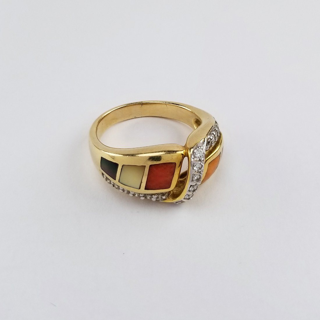14K Gold Asch Grossbardt Diamond Ring: 14K Gold Asch Grossbardt Inlaid Multi-Stone & Diamond Ring. Stamped on back. Ring Size: 7.75 Total Weight: 4.8 dwt - All silver, gold and/or jewelry lots or invoices containing said lots MUST be paid 