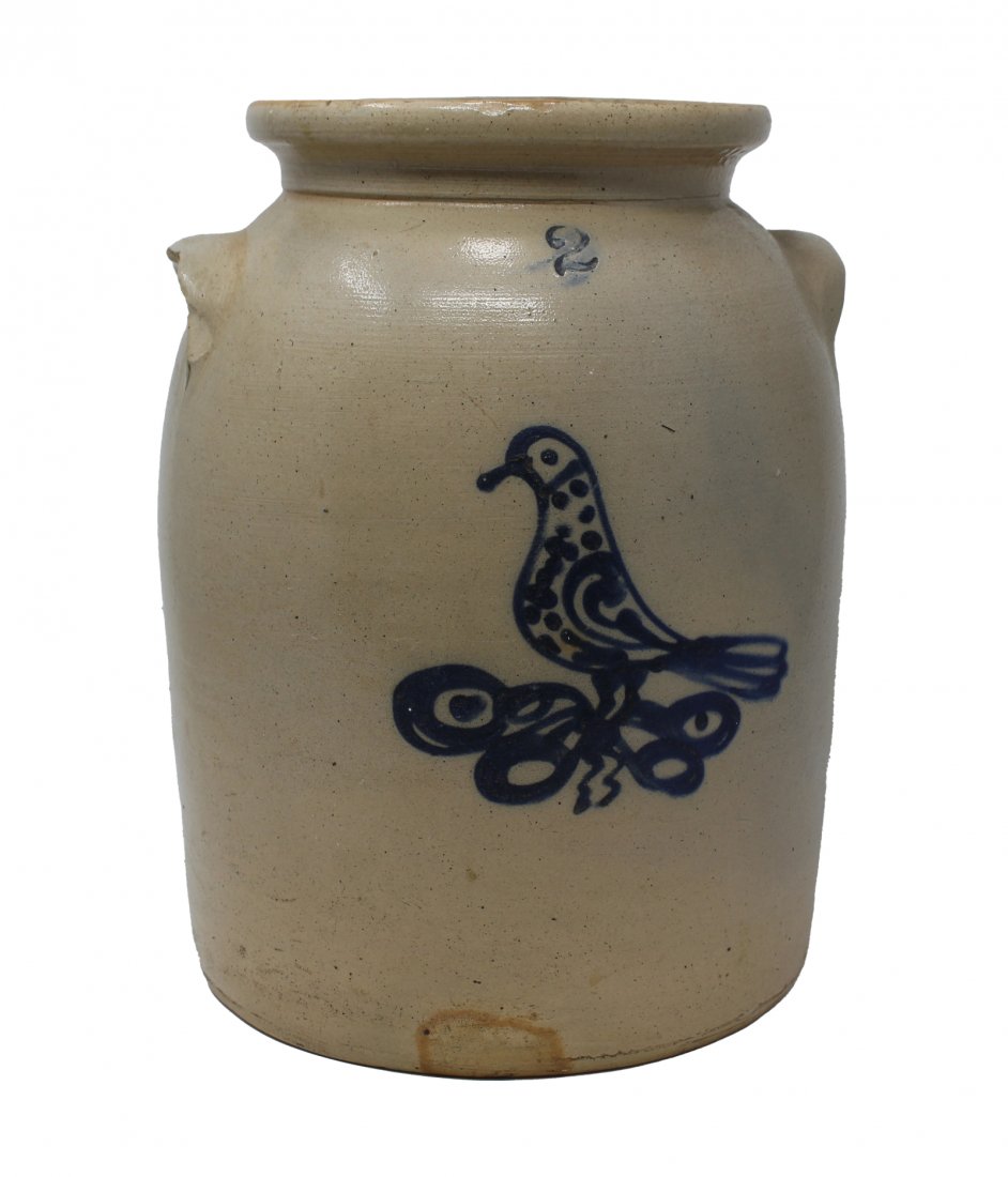 2-Gallon Cobalt Bird Decorated Stoneware Jug: 2-Gallon Cobalt Bird Decorated Stoneware Jug.Dimensions: 12 x 8.5 in.