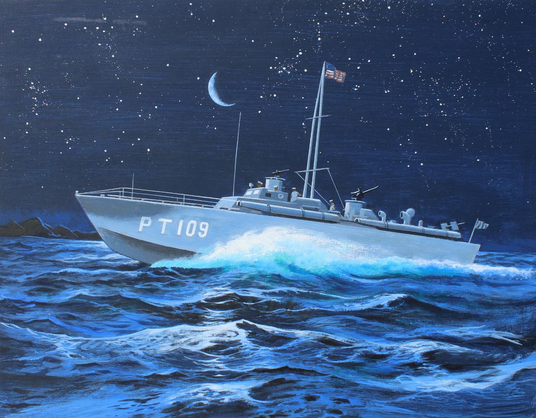 Dean Ellis (1920 - 2009) "JFK / PT109": Dean Ellis (1920 - 2009) "Life of JFK / PT109" Signed lower right. Tempera on Masonite. Provenance: Collection of James A. Helzer (1946-2008), Founder of Unicover Corporation. This painting was origin