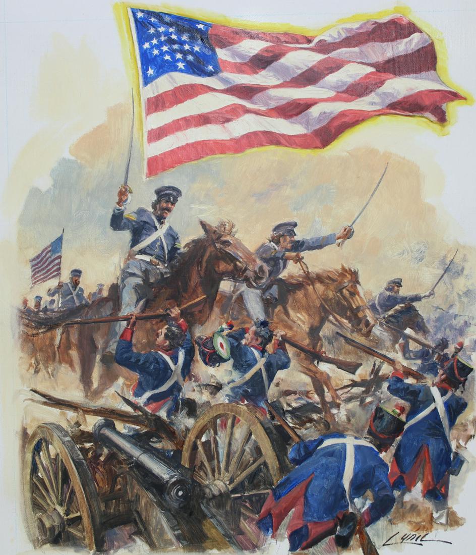 Dennis Lyall (B. 1946) "29-Star Flag": Dennis Lyall (American, B. 1946) "The Stars and Stripes - 29 Star Flag" Signed lower right. Oil on Canvas. Provenance: Collection of James A. Helzer (1946-2008), Founder of Unicover Corporation. This