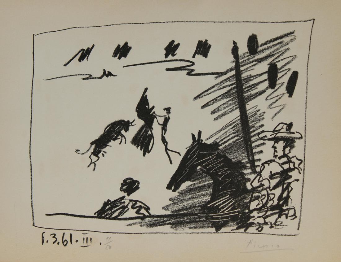 Pablo Picasso (Spanish, 1881-1973) Lithograph: Pablo Picasso (Spanish, 1881-1973) Lithograph on wove paper. Titled: Les Banderilles, from A los toros avec Picasso, 1961, from the edition of 50. Signed "Picasso" in pencil lower right., dated within