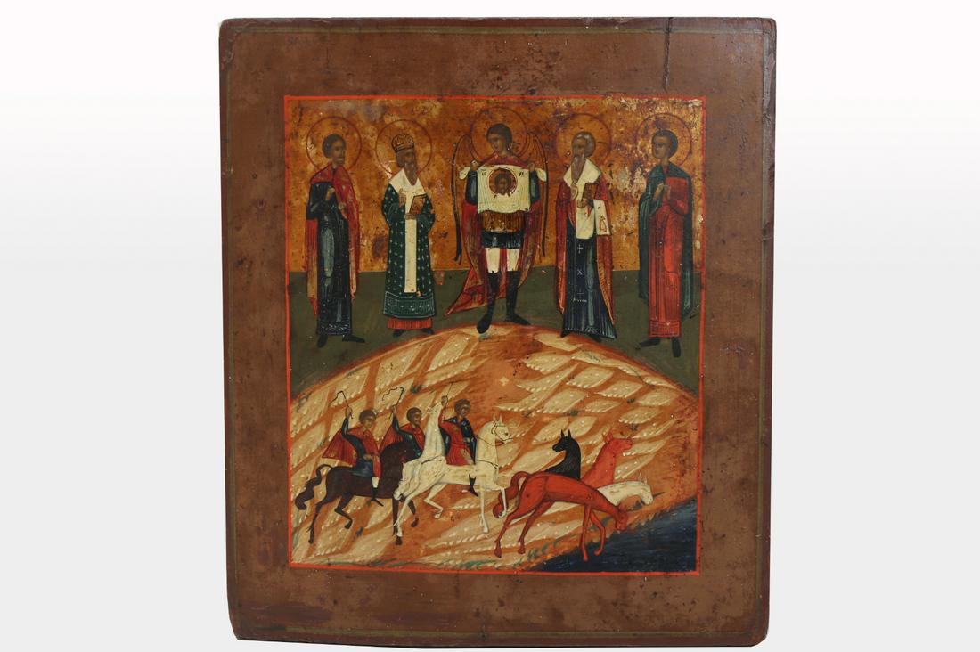 Exhibited 19th C. Russian Icon. Florus, Laurus...: Exhibited 19th Century Russian Icon Depicting Florus, Laurus and selected Saints. Tempera on silver-leaf on wood. The Archangel Michael stands at center and holds the "Not Made by Hands" image of Chri