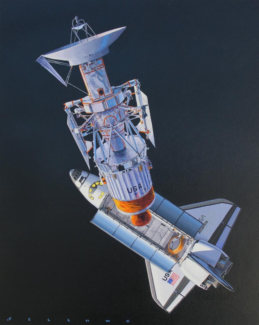 Jack Fellows (B. 1941) "Space Shuttle Atlantis": Jack Fellows (B. 1941) "Space Shuttle Atlantis" Signed lower left. Oil on Masonite. Provenance: Collection of James A. Helzer (1946-2008), Founder of Unicover Corporation. This painting was originally
