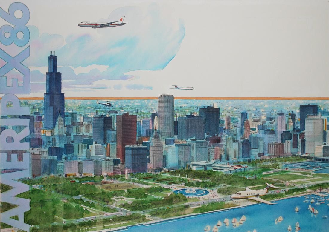 Tom McNeely (B. 1935) "Ameripex '86": Tom McNeely (Canadian, B. 1935) "Ameripex '86" Signed lower right. Watercolor. Provenance: Collection of James A. Helzer (1946-2008), Founder of Unicover Corporation. This painting was originally publ