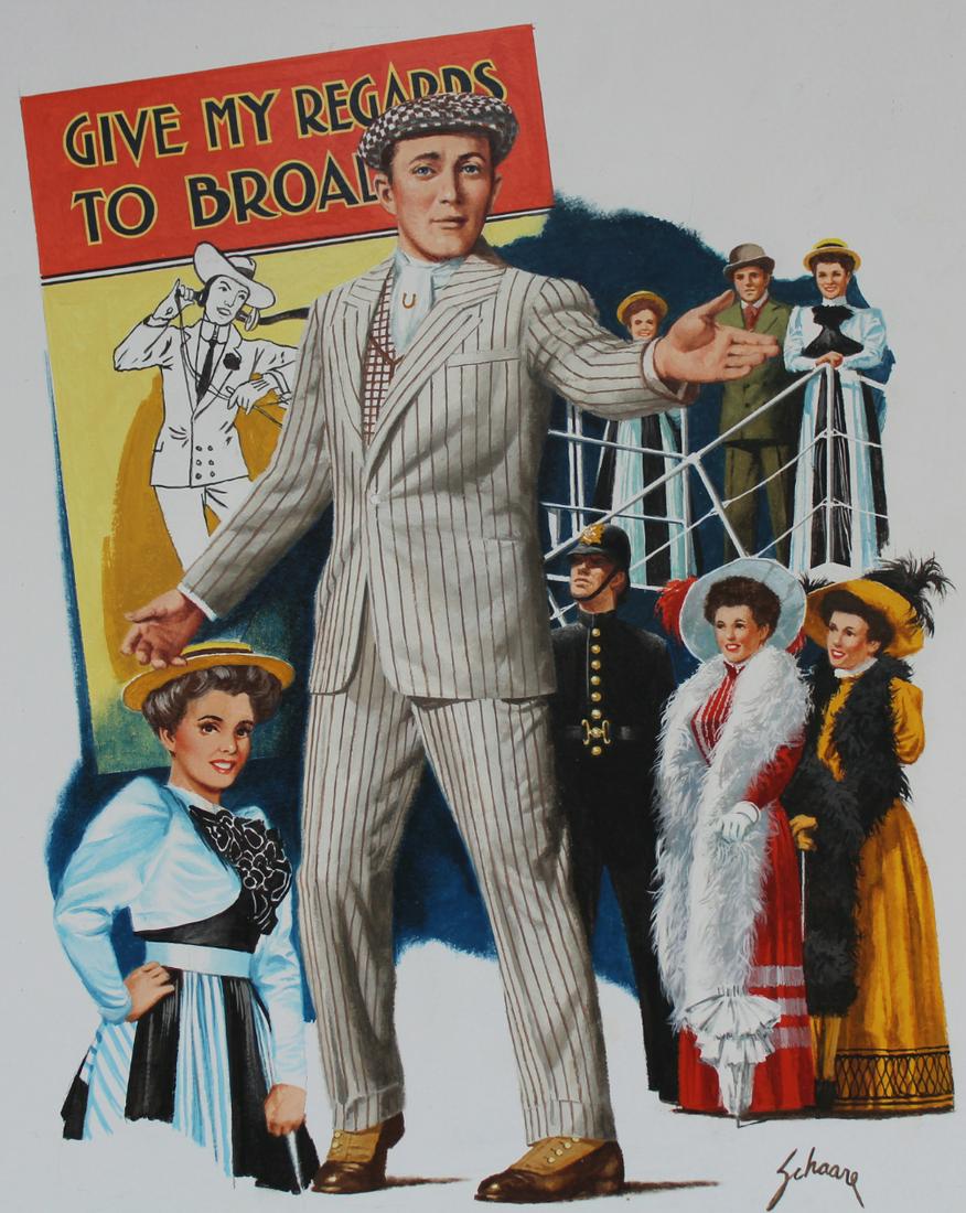 Harry Schaare (1922 - 2008) "Give My Regards": Harry Schaare (American, 1922 - 2008) "Give My Regards to Broadway" Signed lower right. Oil on Masonite. Provenance: Collection of James A. Helzer (1946-2008), Founder of Unicover Corporation. Known a