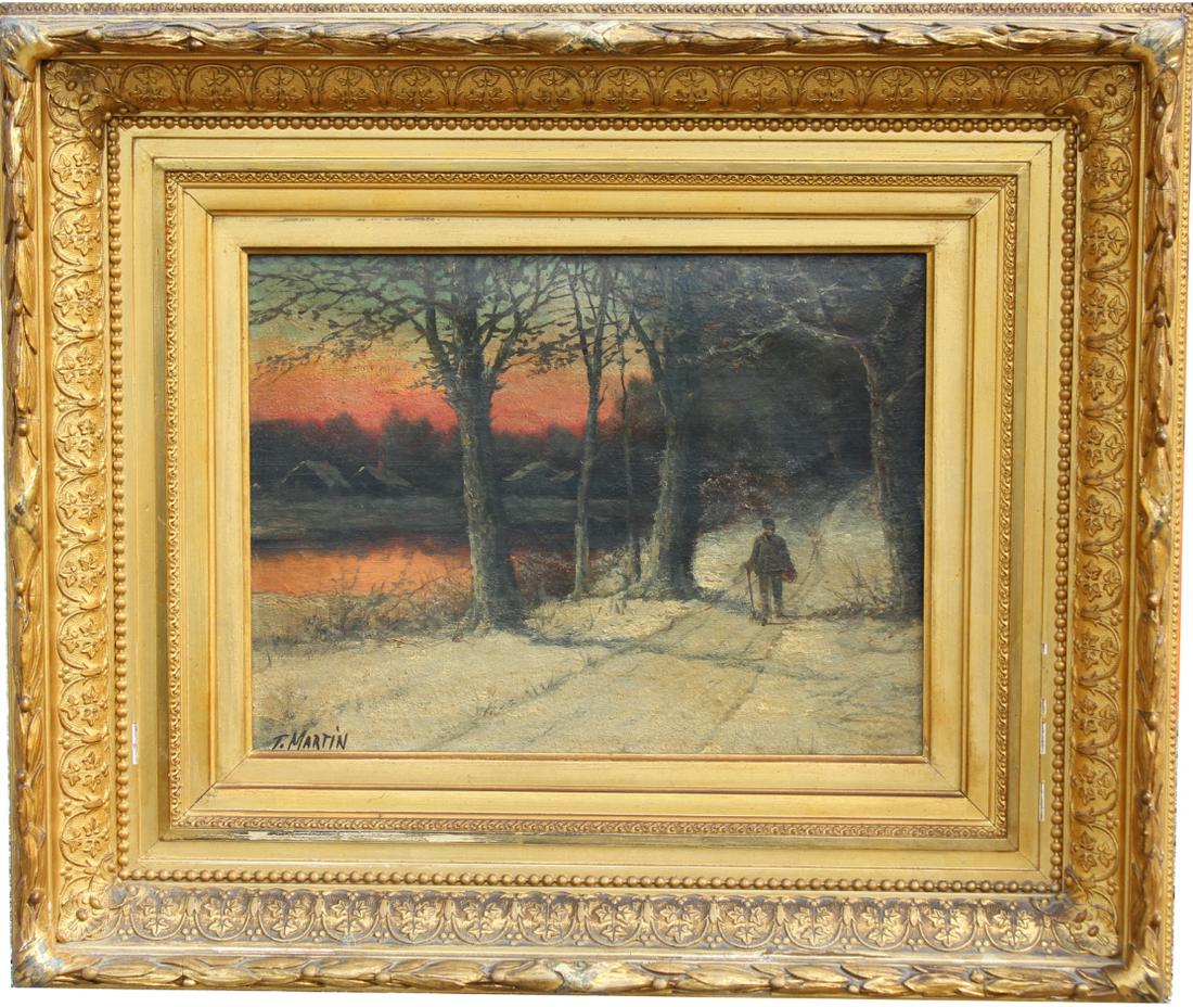 Signed, 19th C. American School Winter Landscape: Signed, 19th C. American School Winter Landscape With Figure Walking Through Wooded Landscape. Oil on board. Signed "T. Martin" lower left. Housed in a gilded frame. Sight Size: 9 x 12 in. Overall Siz
