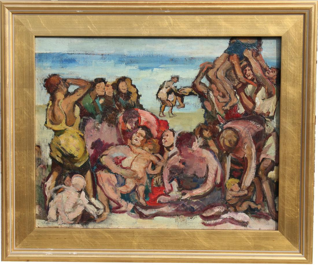 WPA School, Figures at Beach Painting: WPA School, Figures at Beach Painting. Oil on canvas. Housed in gilt frame. Appears to be unsigned, has not been examined out of frame. Sight Size: 16 x 20 in. Overall Size: 21.25 x 25.25 in.