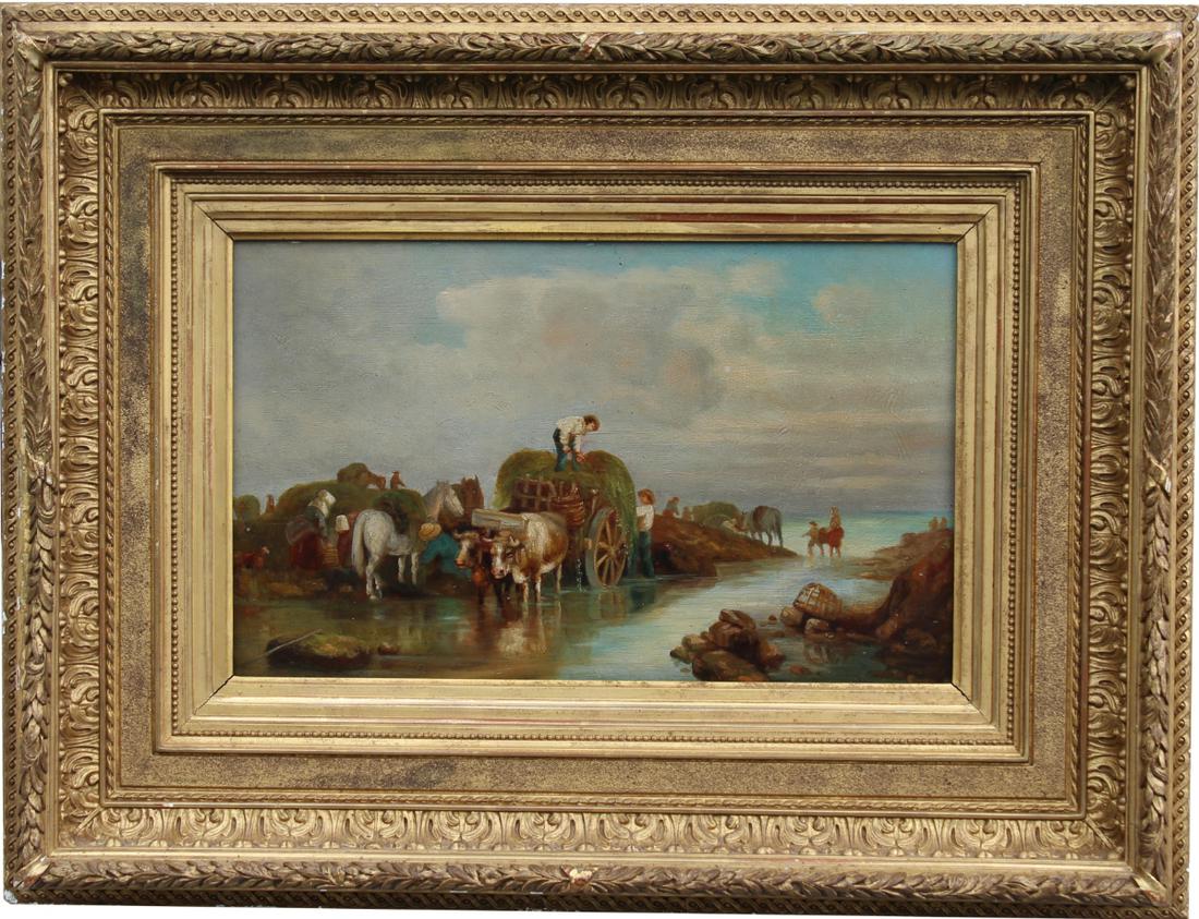 Signed "Rosa Bonheur", Figures/Livestock in River: Signed "Rosa Bonheur", Figures and Livestock near a River. Signed lower right. Old label verso. Housed in a gilt frame. Sight Size: 10 x 16.75 in. Overall Size: 21 x 27.5 3.5 in.