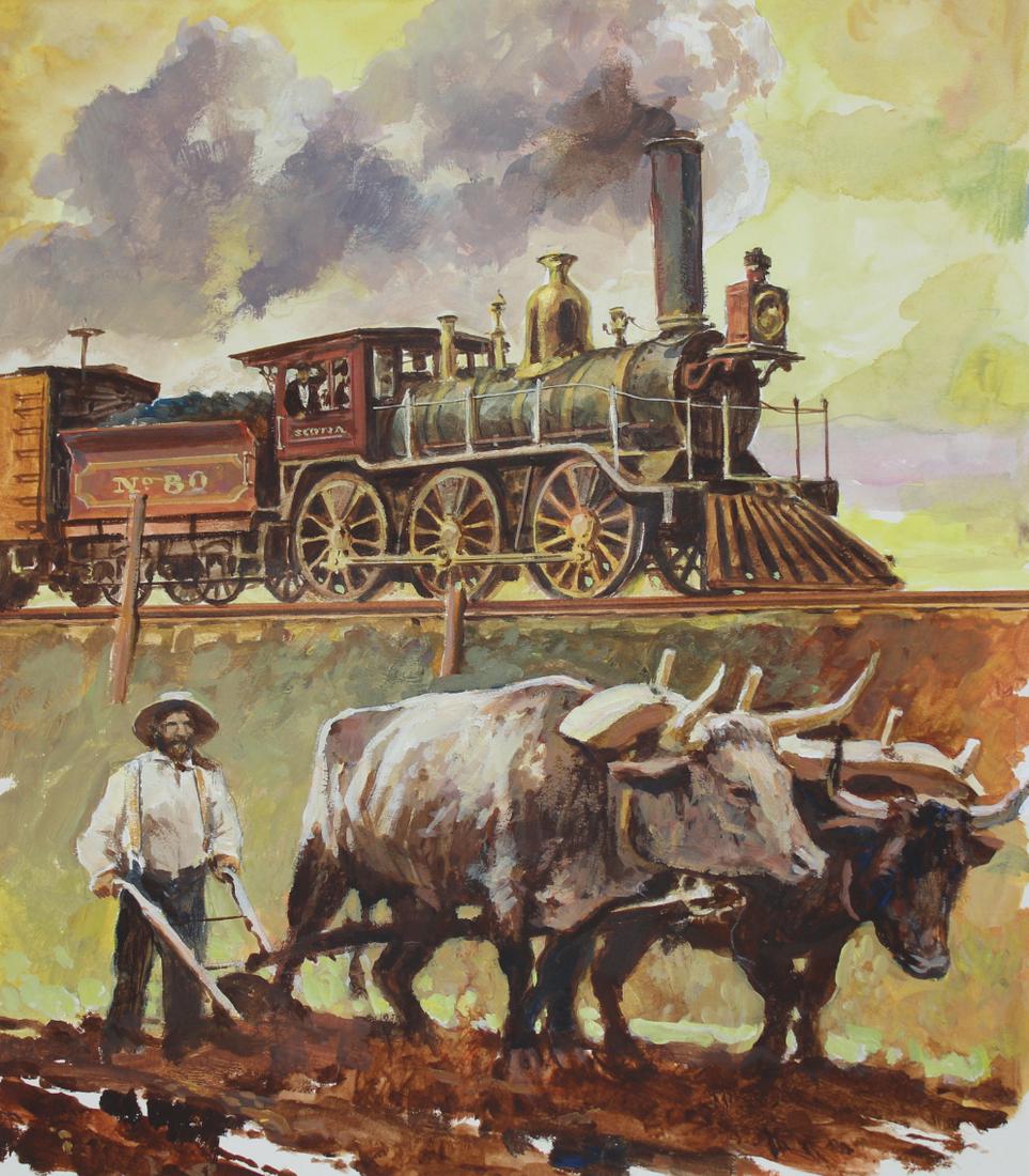 John Swatsley (B. 1937) "Scotia Locomotive": John Swatsley (American, B. 1937) "Scotia Locomotive" Signed lower right. Mixed Media on Illustration Board. Provenance: Collection of James A. Helzer (1946-2008), Founder of Unicover Corporation. Thi