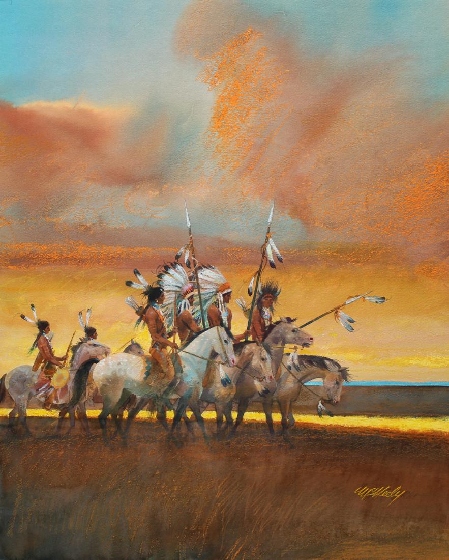 Tom McNeely (B. 1935) "Assiniboine Indian": Tom McNeely (Canadian, B. 1935) "Assiniboine Indian Headdresses" Signed lower right. Mixed Media on Paper. Provenance: Collection of James A. Helzer (1946-2008), Founder of Unicover Corporation. This