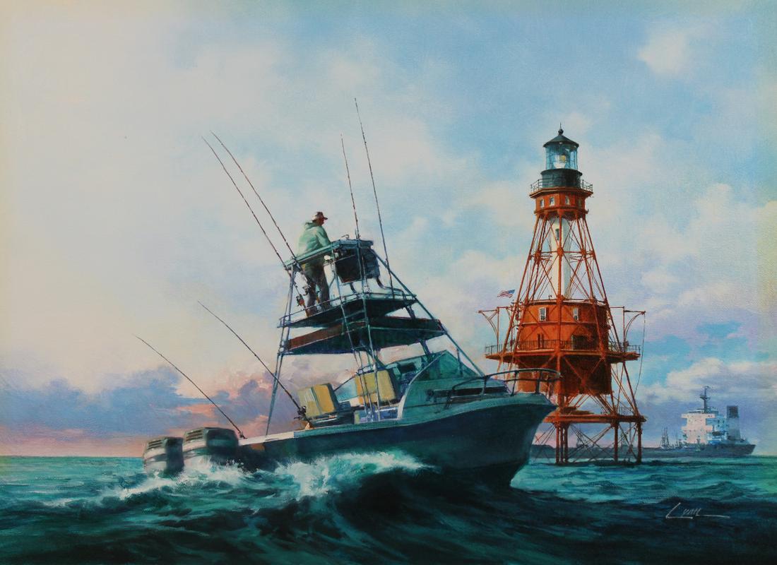 Dennis Lyall (B 1946) "American Shoals Lighthouse": Dennis Lyall (American, B. 1946) "American Shoals Lighthouse" Signed lower right. Oil on Canvas. Provenance: Collection of James A. Helzer (1946-2008), Founder of Unicover Corporation. This artwork or