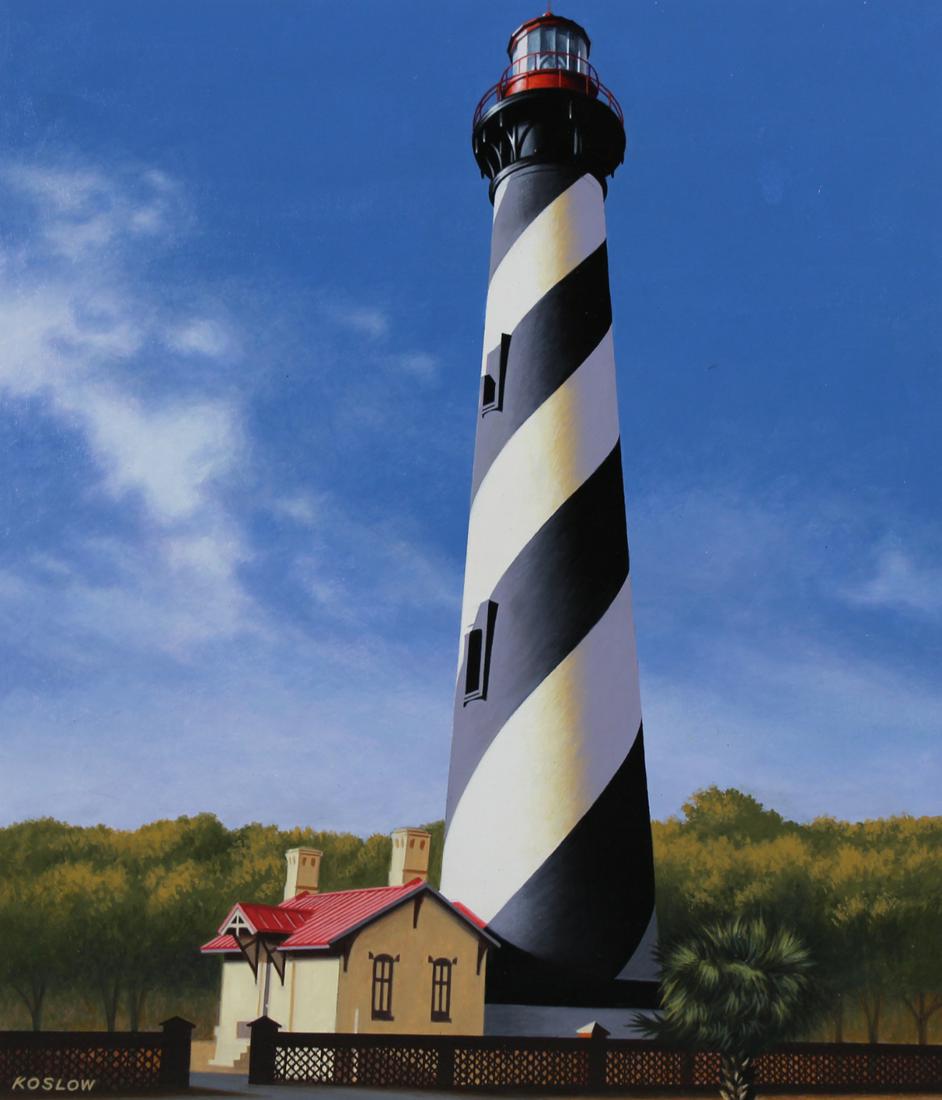 Howard Koslow (1924 - 2016) "St. Augustine FL": Howard Koslow (American, 1924 - 2016) "St. Augustine Florida Lighthouse" Signed lower left. Acrylic on Illustration Board. Provenance: Collection of James A. Helzer (1946-2008), Founder of Unicover Co