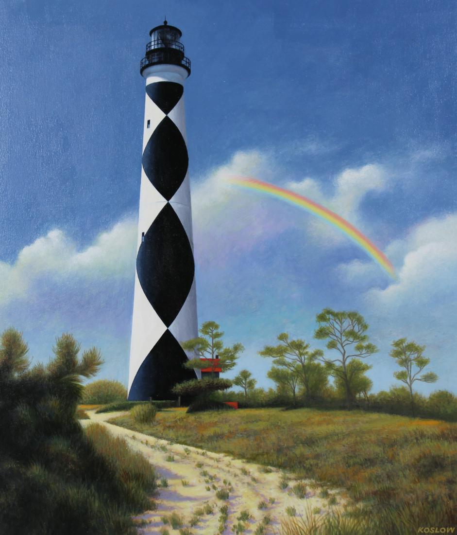Howard Koslow (1924 - 2016) "NC Lighthouse": Howard Koslow (American, 1924 - 2016) "North Carolina's Cape Lookout Lighthouse" Signed lower right. Acrylic on Illustration Board. Provenance: Collection of James A. Helzer (1946-2008), Founder of Un
