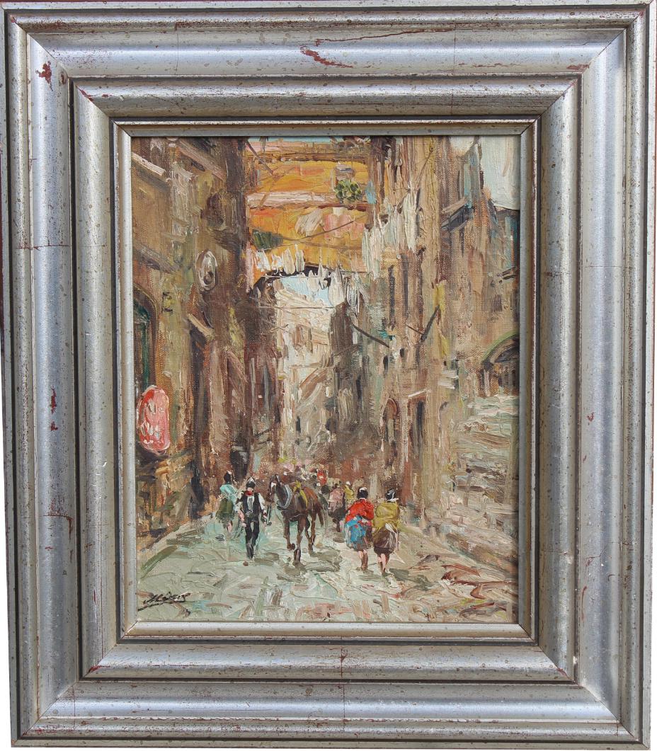 Signed, 20th C Painting of Figures in Street: Signed, 20th C Painting of Figures in Street, Indistinctly signed lower left. Oil on board. Sight Size: 10 x 8 in. Overall Size: 14.5 x 12.5 in.