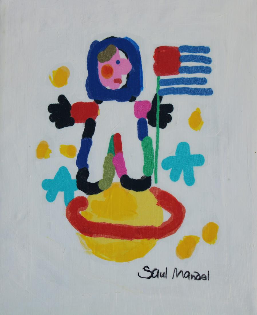 Saul Mandel (1926 - 2011) "Stampin' the Future": Saul Mandel (1926 - 2011) "Stampin' the Future - Astronaut with Flag" Signed lower right. Oil on Canvas. Provenance: Collection of James A. Helzer (1946-2008), Founder of Unicover Corporation. This pa