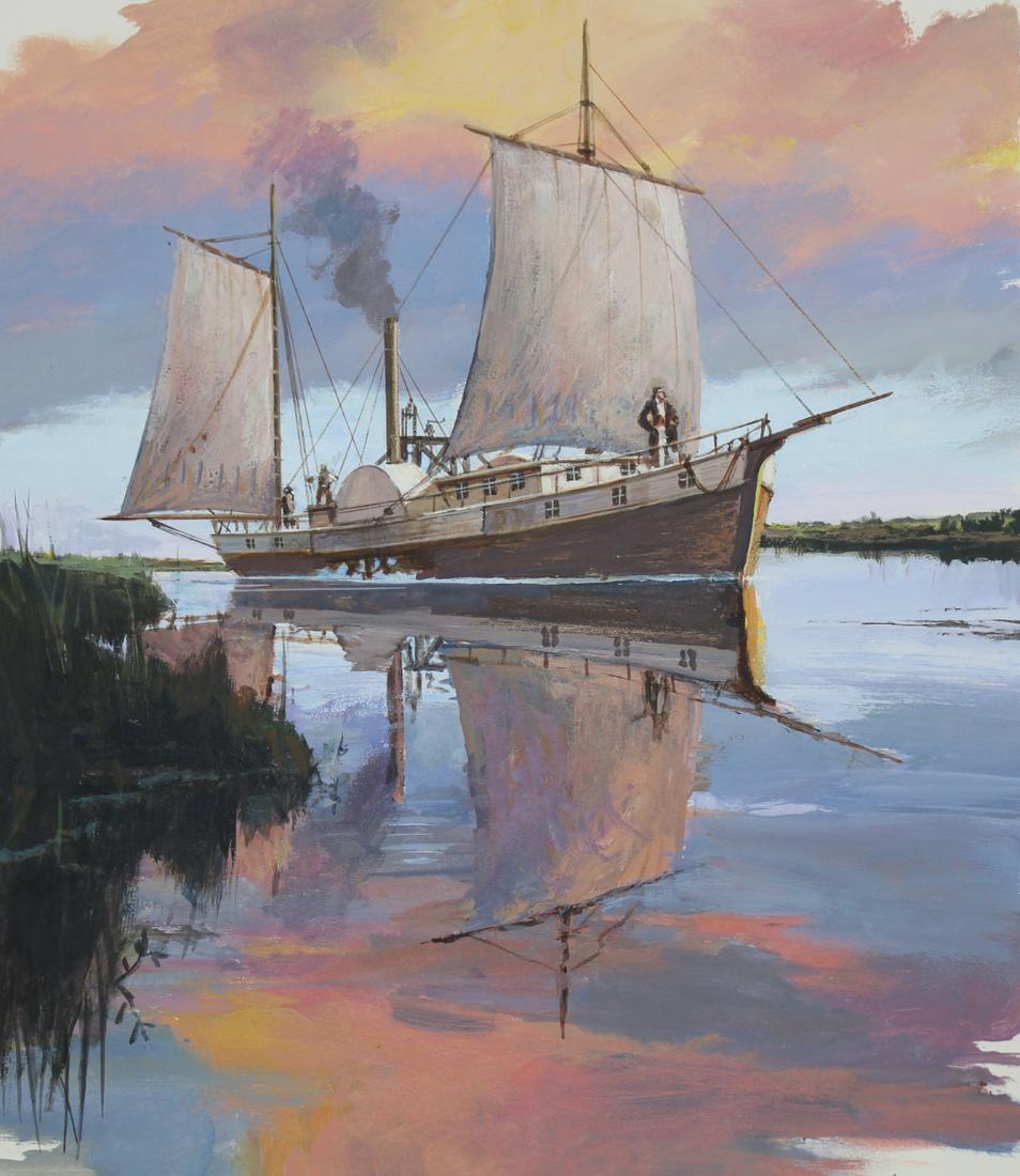 John Swatsley (B. 1937) "Steamboat New Orleans": John Swatsley (American, B. 1937) "Steamboat New Orleans (1812)" Signed lower right. Oil on Illustration Board. Provenance: Collection of James A. Helzer (1946-2008), Founder of Unicover Corporation. 