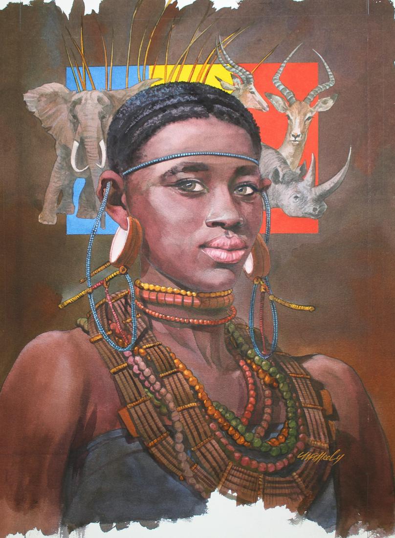 Tom McNeely (B. 1935) "Chad Native Peoples": Tom McNeely (Canadian, B. 1935) "Chad Native Peoples #2" Signed lower right. Watercolor. Provenance: Collection of James A. Helzer (1946-2008), Founder of Unicover Corporation. This painting was origi