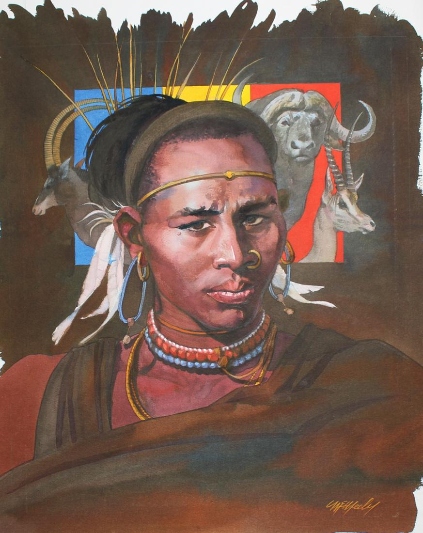 Tom McNeely (B. 1935) "Chad Native Peoples": Tom McNeely (Canadian, B. 1935) "Chad Native Peoples #1" Signed lower right. Watercolor. Provenance: Collection of James A. Helzer (1946-2008), Founder of Unicover Corporation. This painting was origi