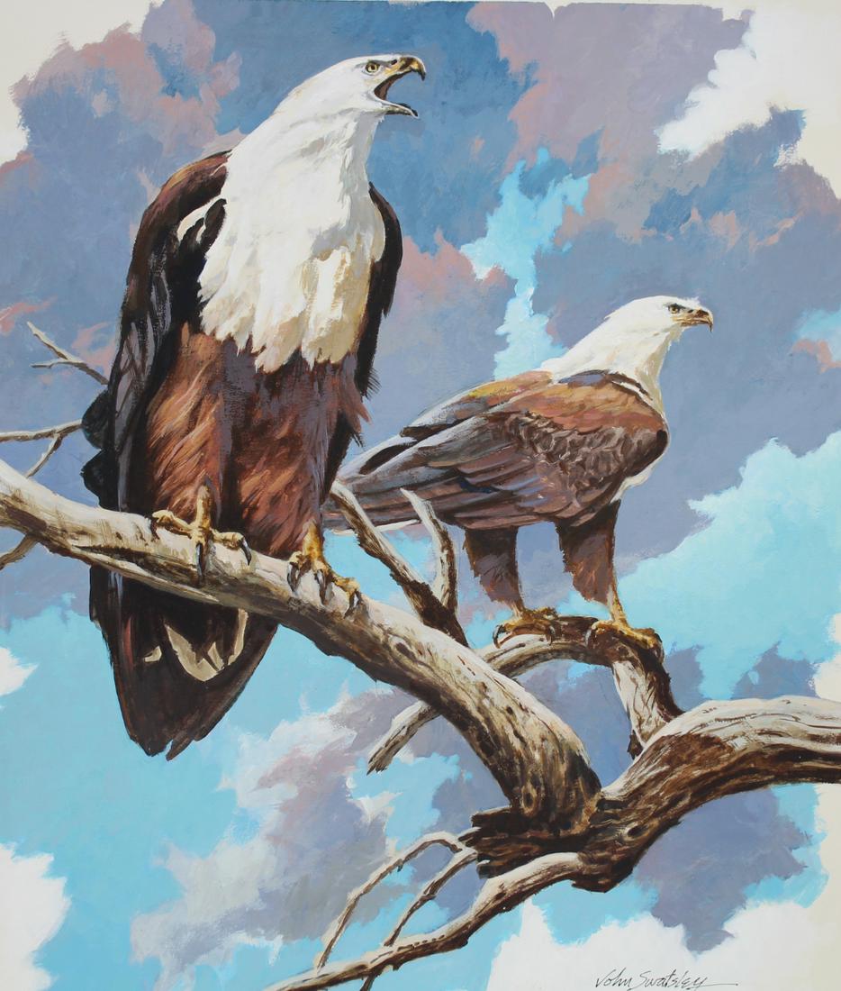John Swatsley (B. 1937) "African Fish Eagle": John Swatsley (American, B. 1937) "African Fish Eagle" Signed lower right. Oil on Illustration Board. Provenance: Collection of James A. Helzer (1946-2008), Founder of Unicover Corporation. This paint