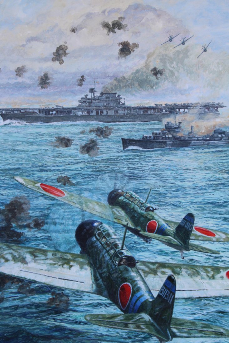 Brian Sanders (B. 1937) ""Battle of Midway - Jap.": Brian Sanders (British, B. 1937) "Battle of Midway - Japanese Aircraft" Oil on Canvas. Provenance: Collection of James A. Helzer (1946-2008), Founder of Unicover Corporation. Image Size: 13.75 x 16.5 