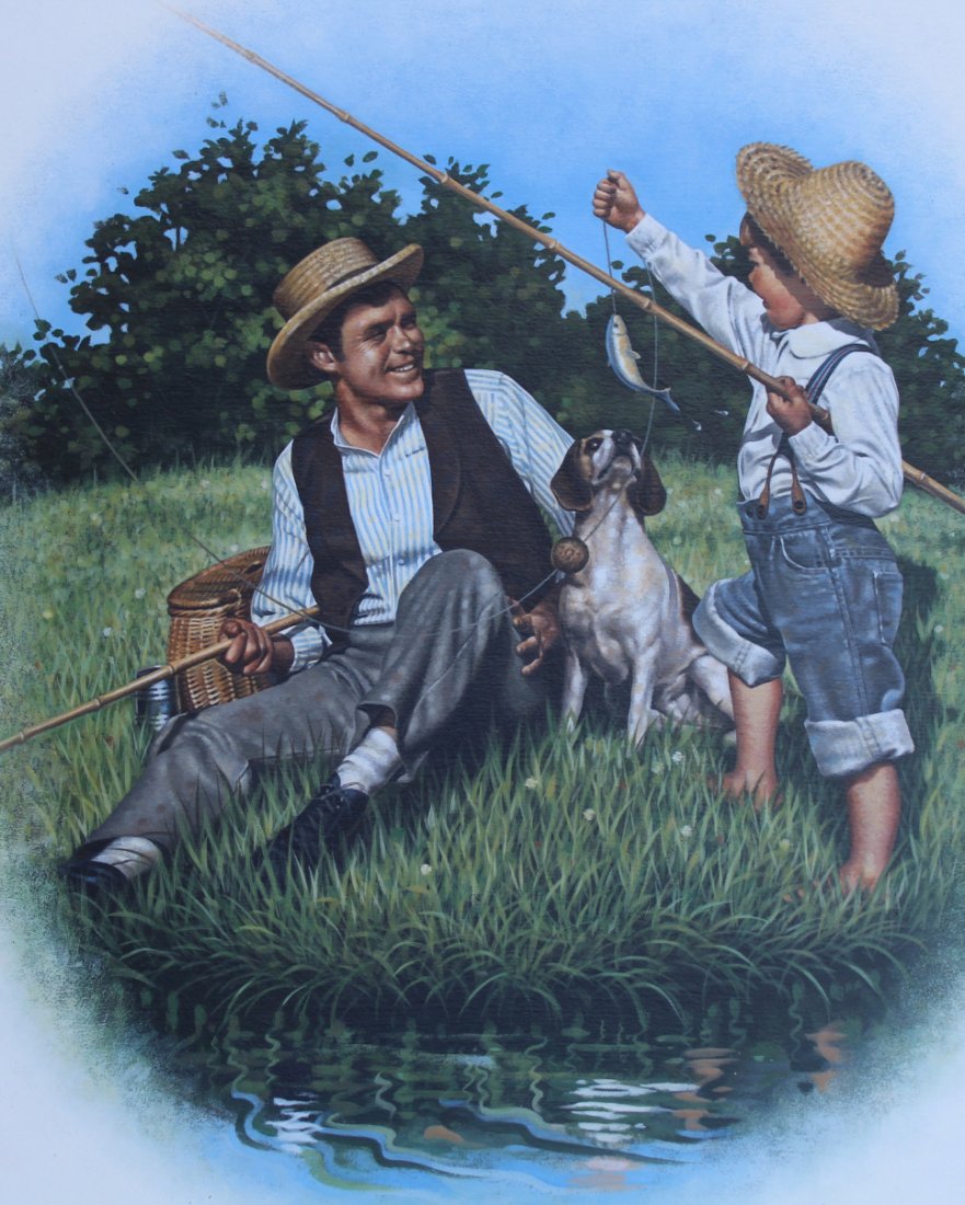 Gene Boyer (20th C.) "Father's Day/Fishing": Gene Boyer (American, 20th C.) "Father's Day/Fishing" Signed lower right. Acrylic on Illustration Board. Provenance: Collection of James A. Helzer (1946-2008), Founder of Unicover Corporation. This pa