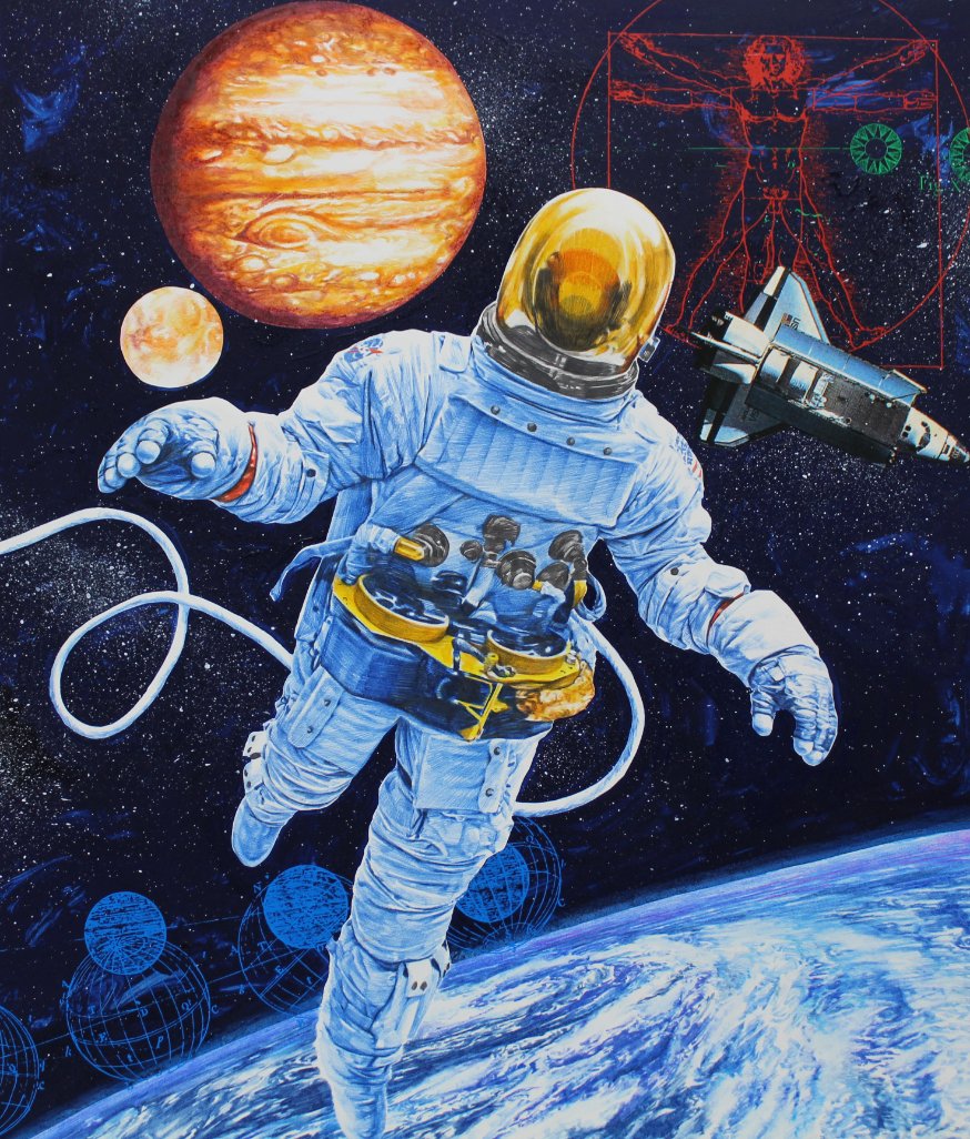 Chris Calle (B 1961) "Astronaut Floating in Orbit": Chris Calle (American, B. 1961) "Astronaut Floating in Orbit" Signed lower left. Mixed Media on Illustration Board. This painting was originally published on the Fleetwood First Day Cover for the U.S.