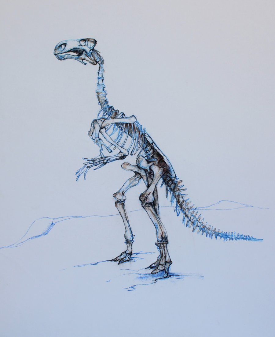 Bryan Kneale (B. 1930) "Dinosaur - Iguanodon": Bryan Kneale (British, B. 1930) "Dinosaur - Iguanodon" Colored Pencil on Illustration Board. Provenance: Collection of James A. Helzer (1946-2008), Founder of Unicover Corporation. This artwork was or