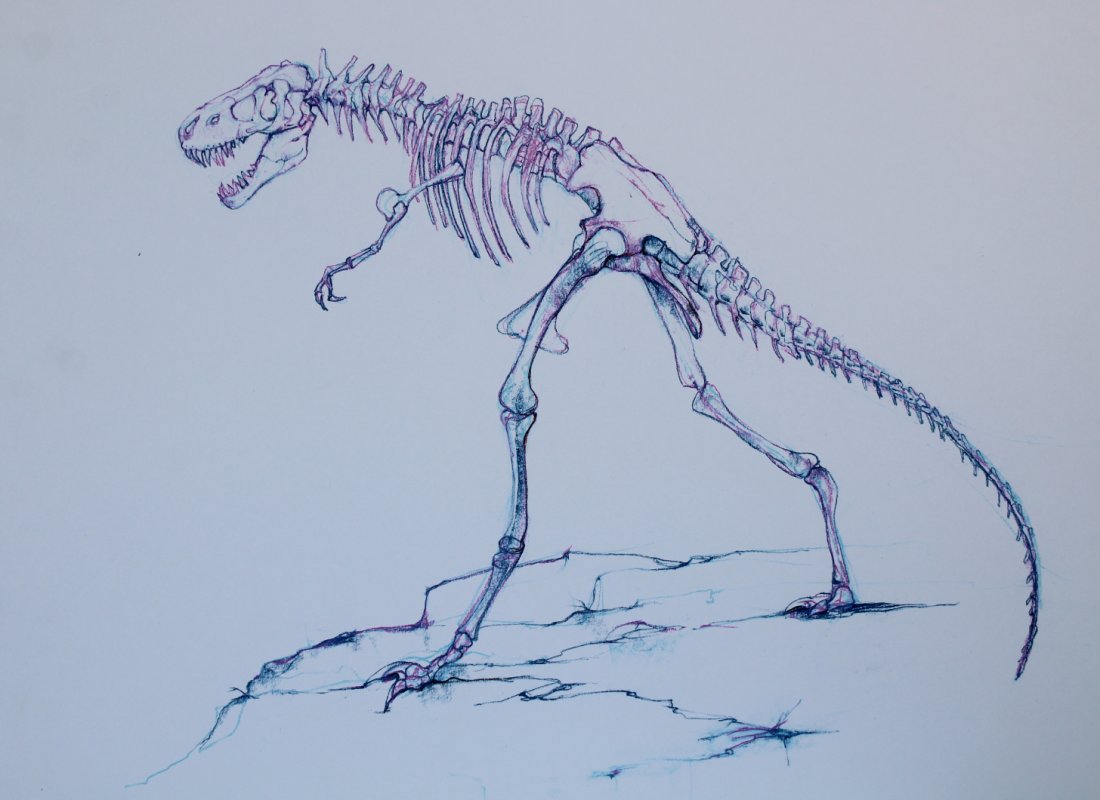 Bryan Kneale (B. 1930) "Tyrannosaurus": Bryan Kneale (British, B. 1930) "Dinosaurs - Tyrannosaurus" Colored Pencil on Illustration Board. Provenance: Collection of James A. Helzer (1946-2008), Founder of Unicover Corporation. This artwork w