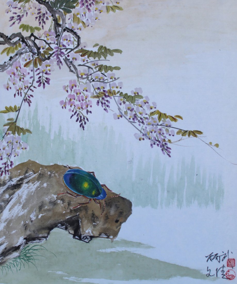 Yan Bingwu & Yang Wenqing "Dogbane Beetle": Yan Bingwu (Chinese, B. 1954) & Yang Wenqing (Chinese, B. 1951) "Dogbane Beetle" Signed lower right. Watercolor on Silk/Rice Paper. Provenance: Collection of James A. Helzer (1946-2008), Founder of Un