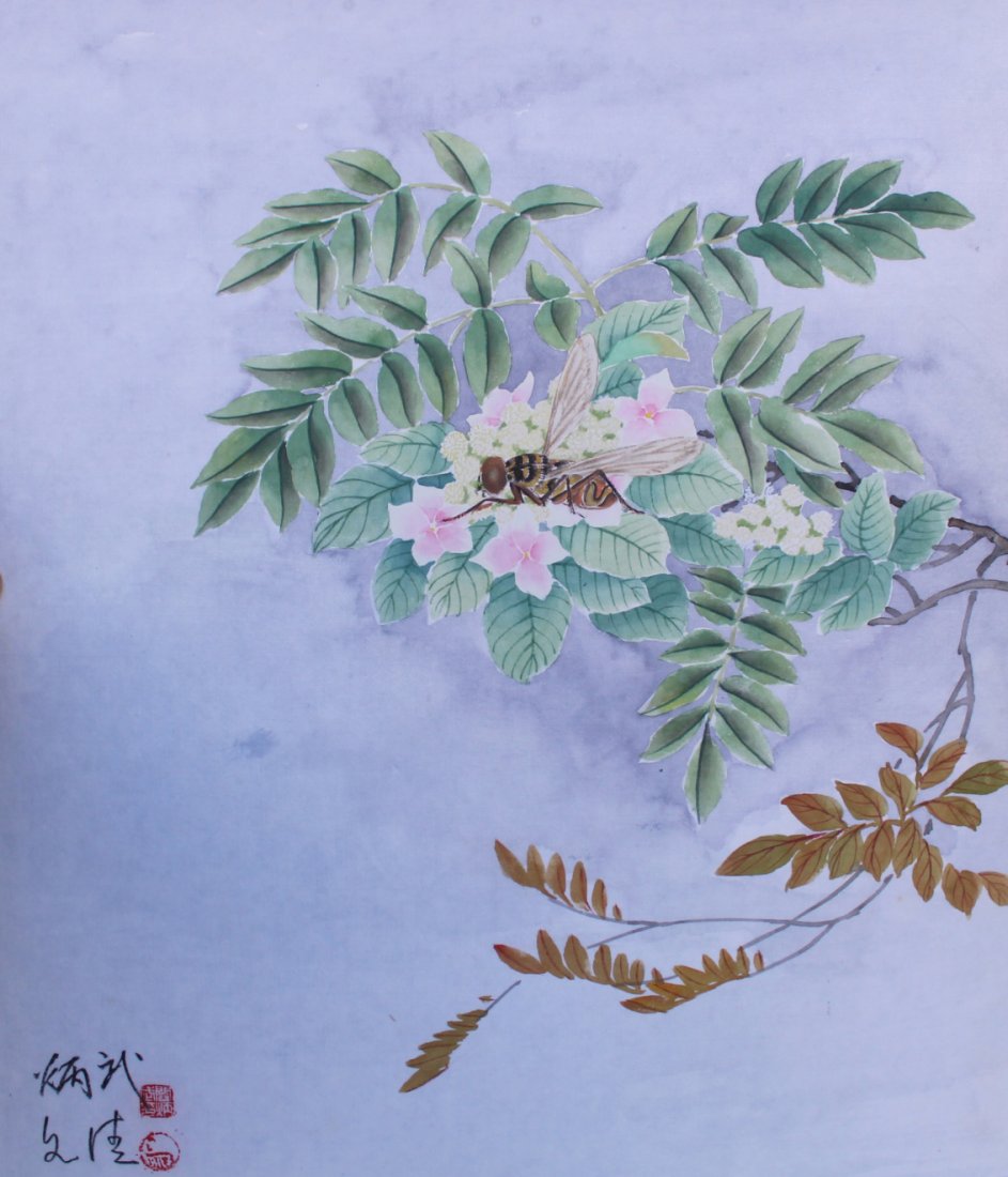 Yan Bingwu & Yang Wenqing "Flower Fly": Yan Bingwu (Chinese, B. 1954) & Yang Wenqing (Chinese, B. 1951) "Flower Fly" Signed lower left. Watercolor on Silk/Rice Paper. Provenance: Collection of James A. Helzer (1946-2008), Founder of Unicove