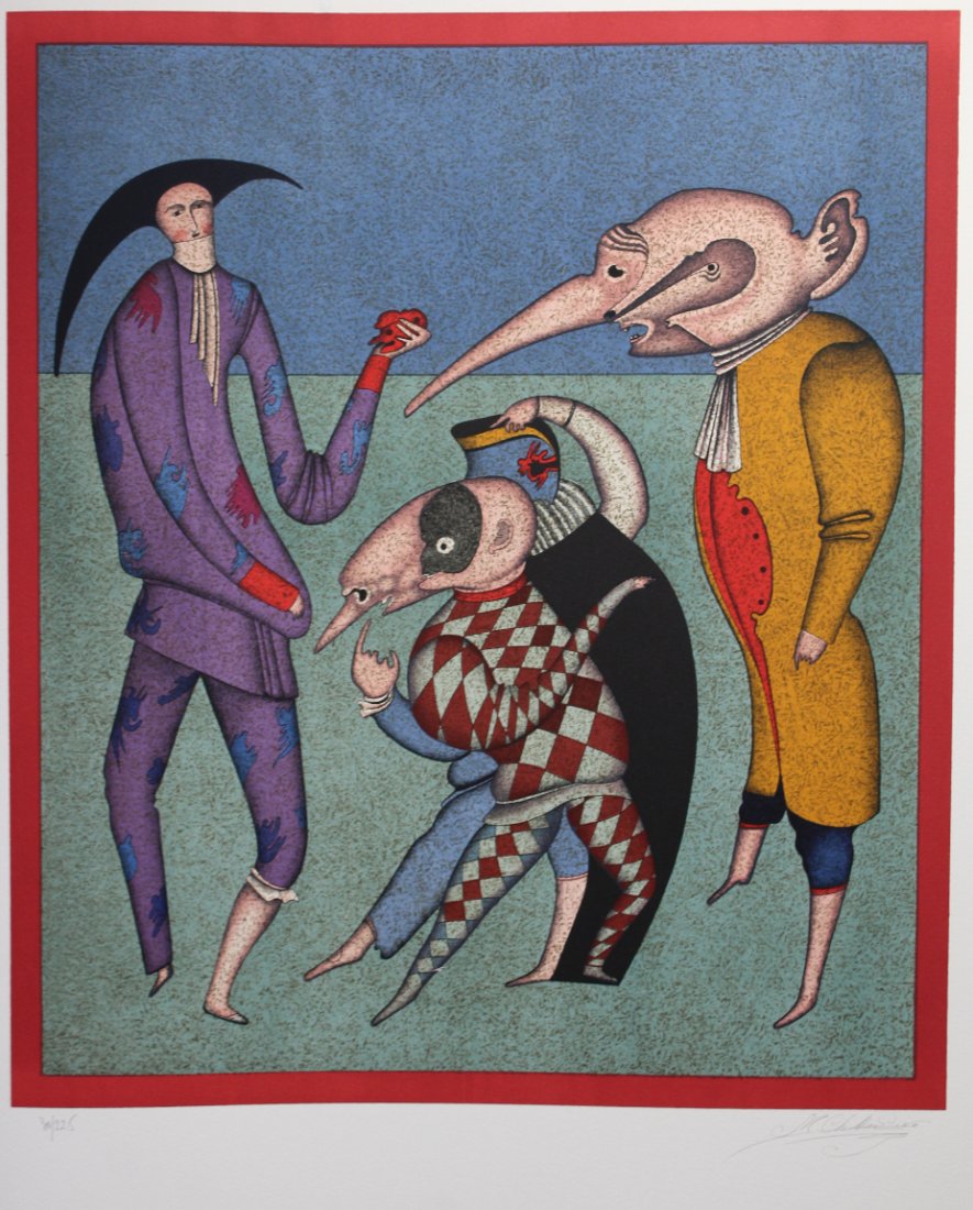 Mihail Chemiakin "Purple Harlequin" (30/225): Mihail Chemiakin (New York, Russia born 1943) "Purple Harlequin" Color serigraph. From the Carnival at St. Petersburg Suite. Numbered (30/225) lower left. Signed lower right. Watermark "Arches France"