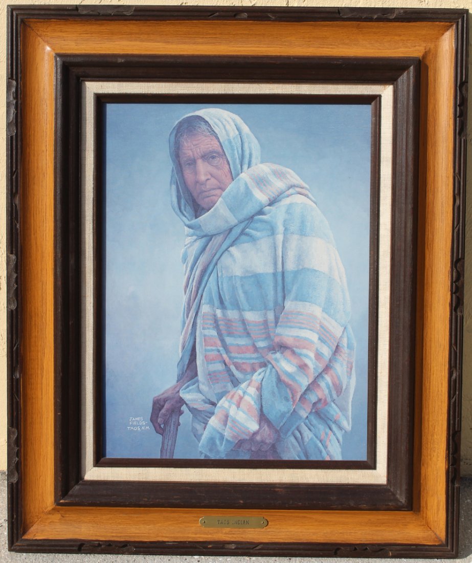 James Fields "Taos Indian" Litho: James Fields "Taos Indian" Litho. Professionally framed with nameplate. Image Size: 12 x 16.5 in. Overall Size: 24 x 20 in. Framed behind glass.