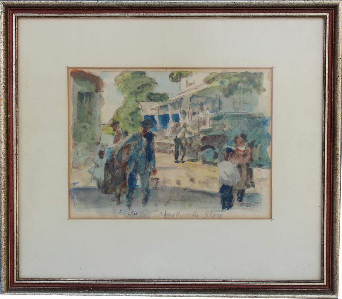 Frank Nelson Wilcox (Ohio, 1887 - 1964): Frank Nelson Wilcox (Ohio, 1887 - 1964) Watercolor of figures in a street in front of a store. Titled in lower portion. Signed lower right. A leading American Scene watercolorist from Ohio, he was a n
