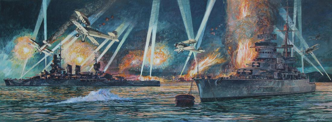 Brian Sanders (B. 1937) "Battle of Taranto": Brian Sanders (British, B. 1937) "Battle of Taranto" Signed lower right. Original Oil on Canvas laid on Board painting. Provenance: Collection of James A. Helzer (1946-2008), Founder of Unicover Corpo