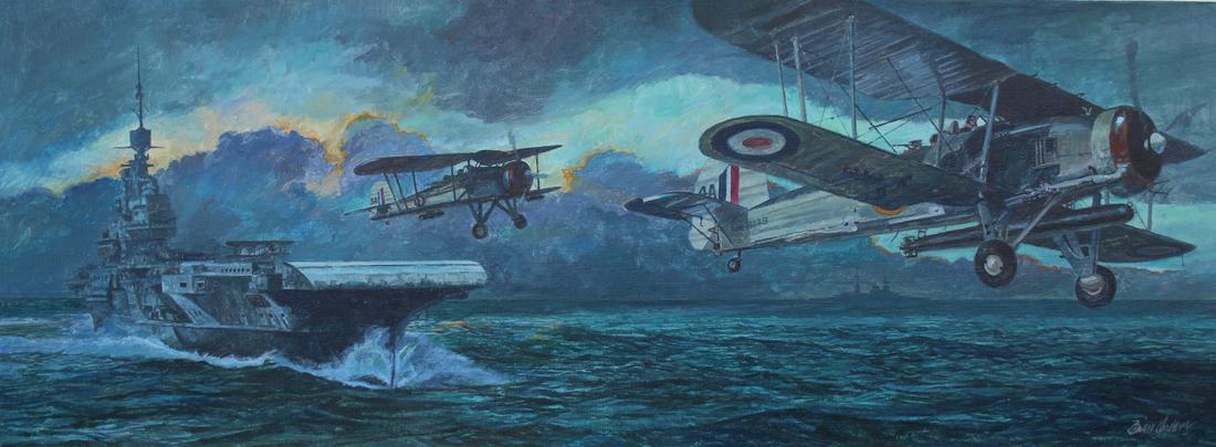 Brian Sanders (B. 1937) "HMS Illustrious": Brian Sanders (British, B. 1937) "HMS Illustrious and Fairey Swordfish I" Signed lower right. Original Oil on Canvas painting. Provenance: Collection of James A. Helzer (1946-2008), Founder of Unicove