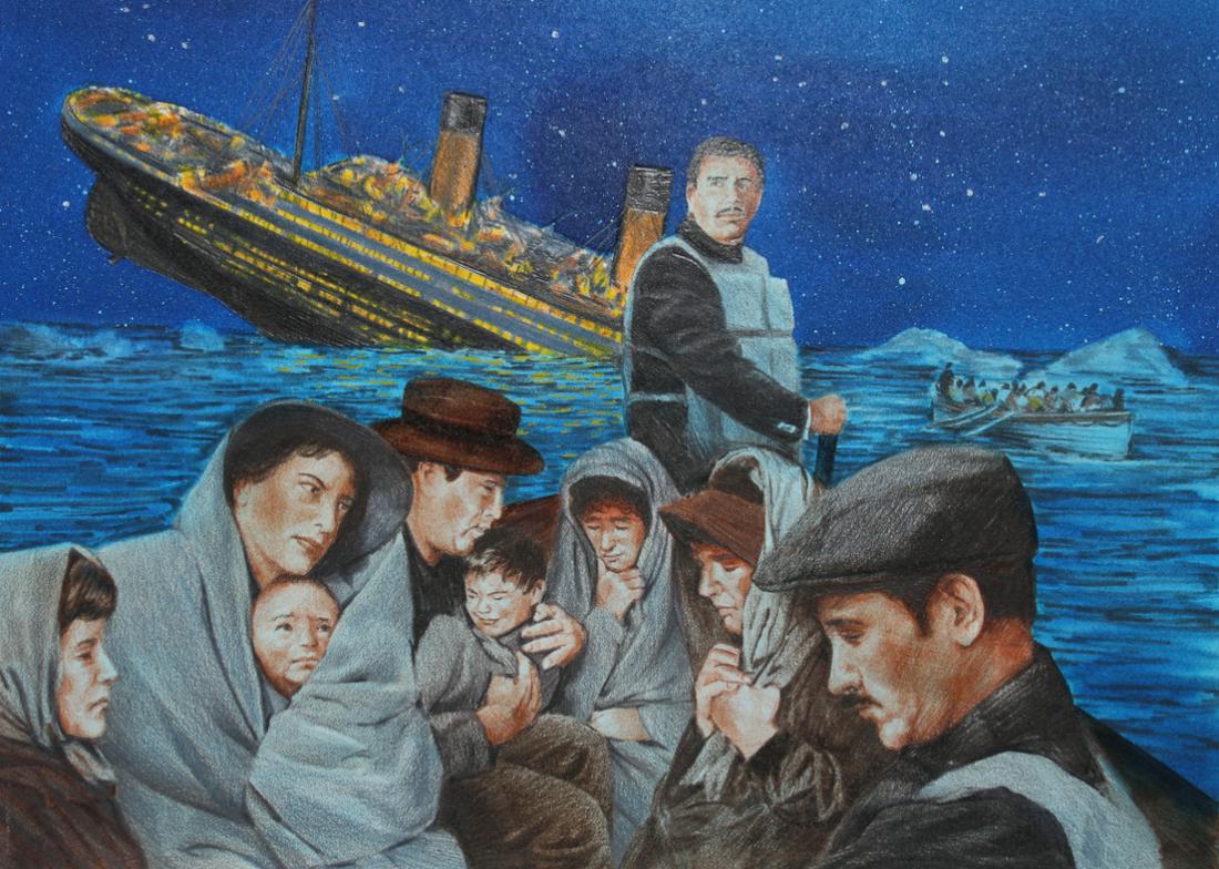 Paul & Chris Calle "Titanic": Paul Calle (American, 1928 - 2010) and Chris Calle (American, B. 1961) "The Power of Nature Asserts Itself" Signed lower right. Original Mixed Media on Illustration Board painting. Provenance: Collect