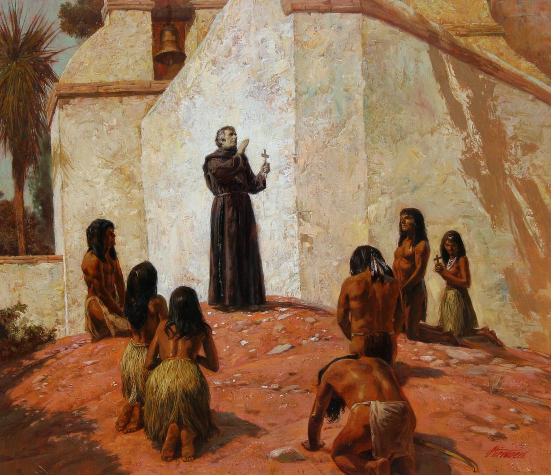 Shannon Stirnweis (B. 1931) "Missions of the West": Shannon Stirnweis (B. 1931) "Missions of the West" Signed lower right. Original Oil on Illustration Board painting. Provenance: Collection of James A. Helzer (1946-2008), Founder of Unicover Corporati